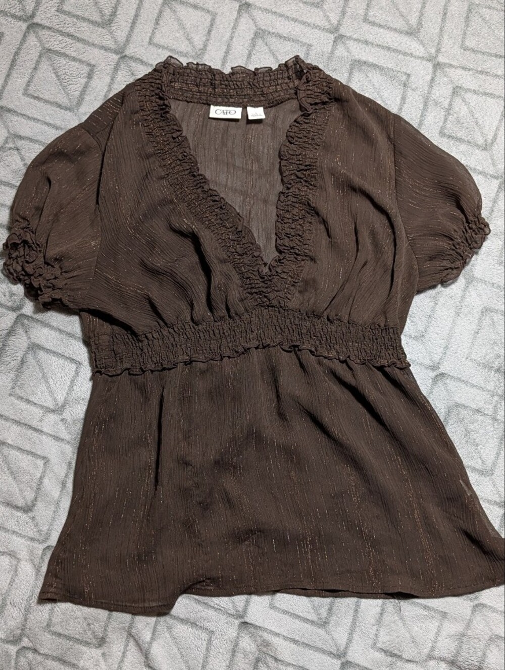 Cato Brown Smocked V-Neck Sheer Puff Sleeve Blouse